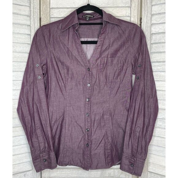 Express Purple Button Down Shirt Convertible Sleeve Size XS - Picture 1 of 7